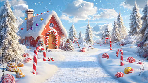 A snow-covered path leads to a cartoon Christmas house among candy canes, lollipops, and fir trees—a magical winter fairytale landscape in a Christmas theme