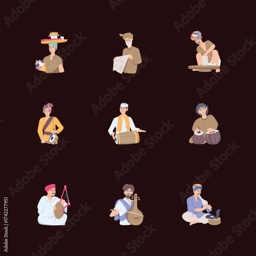 Traditional Indian Folk Musicians and Villagers Vector Illustration Set on Dark Background