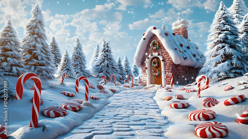 Snowy path. leading to a cartoon Christmas house surrounded by candy canes and lollipops in a candy forest