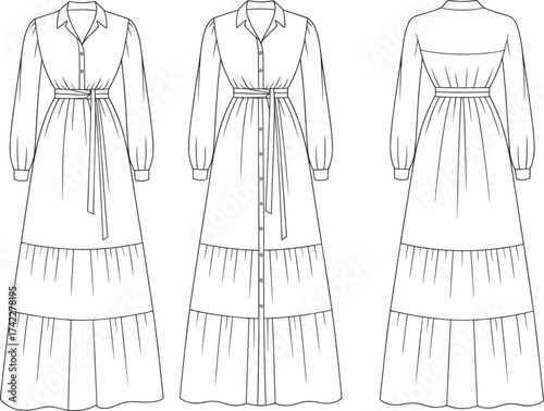 cad drawing flat vector illustration, long sleeve tiered maxi dress with waist belt, collar neckline, front buttons, fashion technical sketch design.