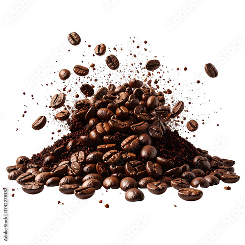 Explosion of freshly roasted coffee beans and dark grounds in motion.