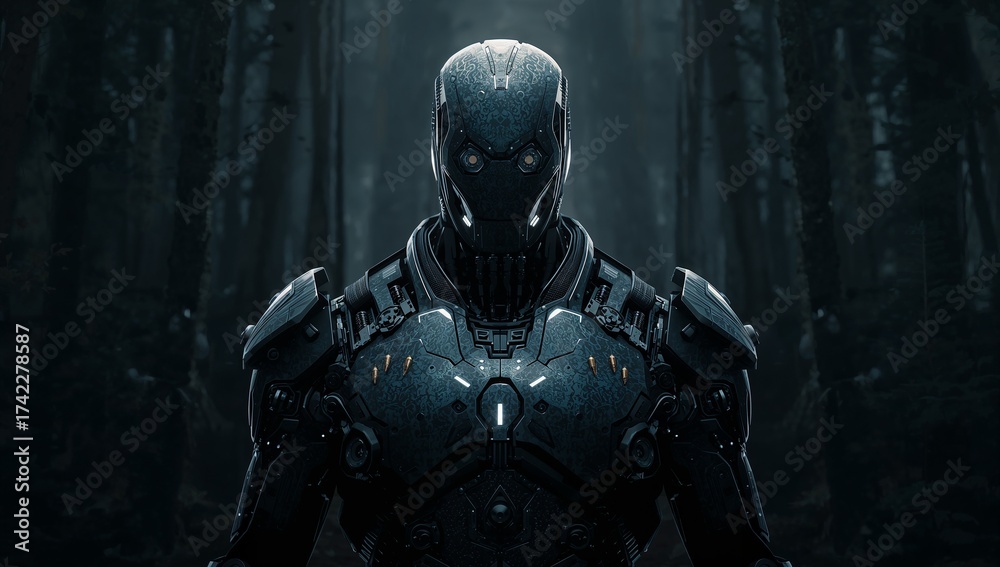 Naklejka premium A menacing cyborg soldier in advanced metallic armor with glowing eyes stands in a dark, atmospheric forest.