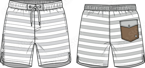 cad drawing flat vector illustration, mens striped board shorts technical fashion sketch, front and back view design template