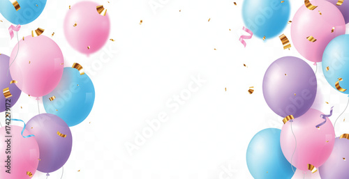Colorful pastel celebrations banner with pink, blue, and purple balloon