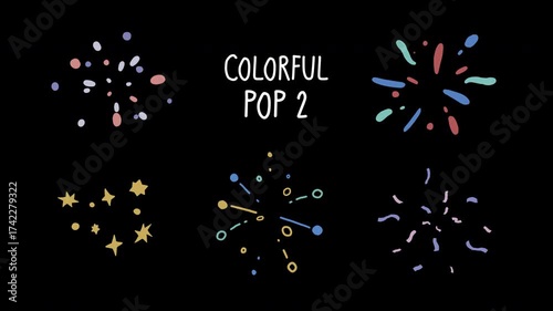 Colorful pop effect 02, smooth hand-drawn animation with playful shapes and pastel colors, cute burst and confetti motion click FX, transparent background, alpha channel
