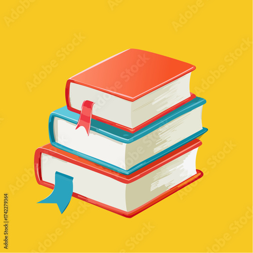 A stack of books, their colorful covers hinting at stories within. These books with bright, playful covers, ideal for illustrating educational material.