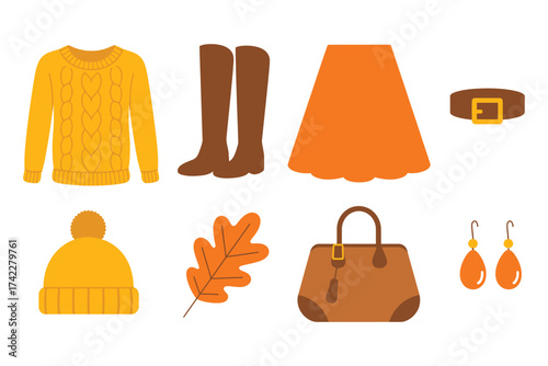 Flat design autumn clothing and accessory icons collection cozy fall fashion elements illustration