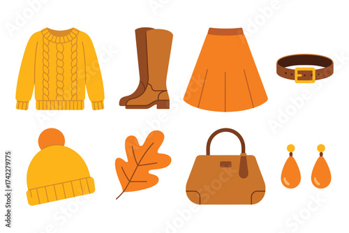 Flat design autumn clothing and accessory icons collection cozy fall fashion elements illustration