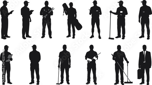 Silhouette workers in different professions vector illustration showing maintenance, construction, cleaning, service, and business occupation concepts for design projects