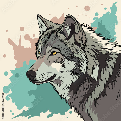 Stunning wolf portrait with artistic flair, perfect for nature lovers, wildlife enthusiasts, and conservation campaigns. Vector illustration style art
