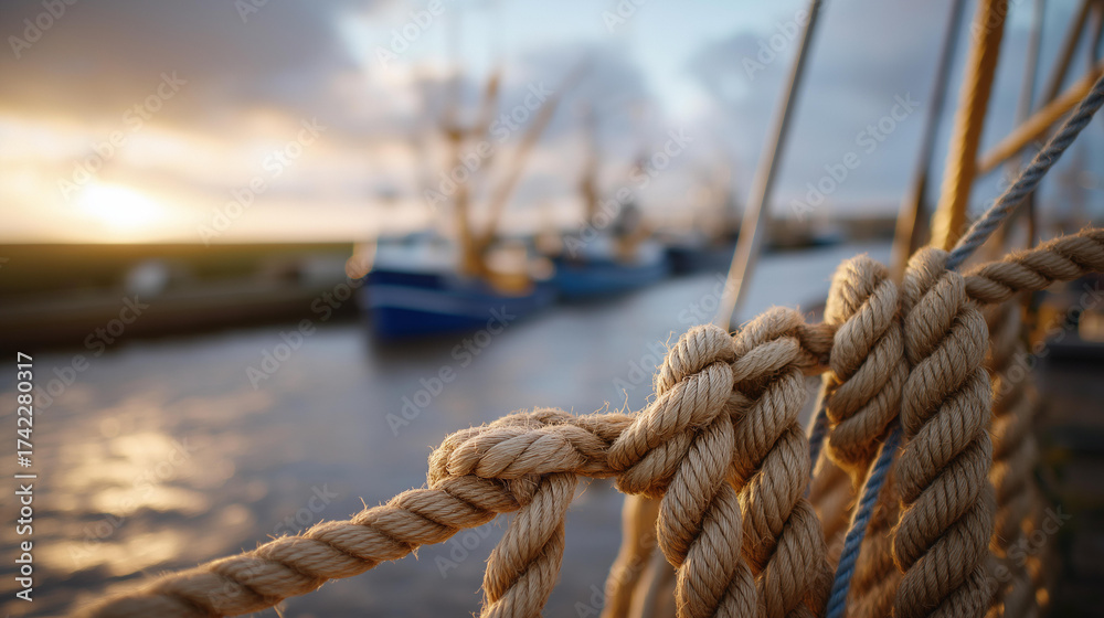 Obraz premium a river road with boats and docks, cluttered with ropes, soft natural light at sunset, a family delivering, natural poses as they tie, detailed textures on the ropes' hemp and car's metal,
