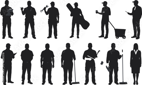 Silhouette workers performing various professional jobs vector illustration showing labor, maintenance, cleaning, construction, service, and business occupations concept