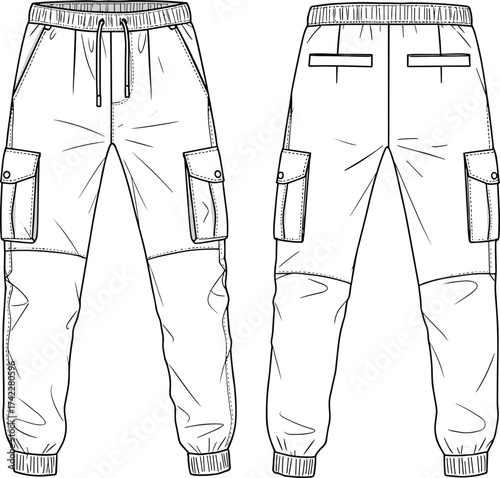 cad drawing flat vector illustration, cargo jogger pants with pockets, casual streetwear technical sketch, elastic waistband ankle cuff