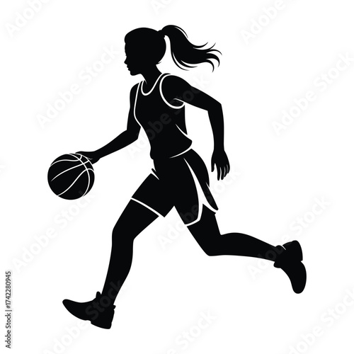 Silhouette of a female basketball player dribbling the ball while running on a white background