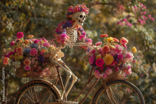 Skeleton riding a bicycle full of flowers and candy, cheerful halloween concept, high quality stock photo, natural light, ultra realistic