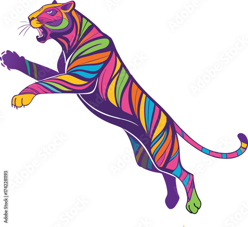 Dynamic colorful tiger illustration leaping powerfully - vibrant, modern design for branding, apparel, and creative projects, originally vector art