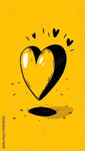 Yellow Heart Illustration on Yellow Background with Shadow and Small Hearts