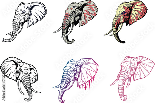 Stunning elephant head collection showcases artistic style, perfect for creative projects, branding, and unique designs, originally a scalable vector