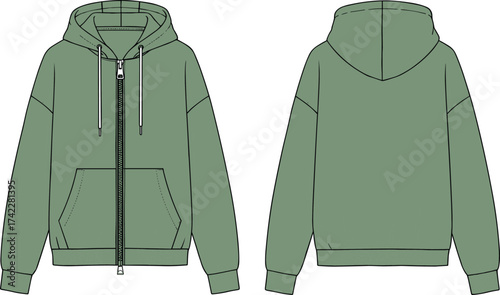 cad drawing flat vector illustration, front and back view zip up hoodie with pocket, fashion technical sketch casual sweatshirt