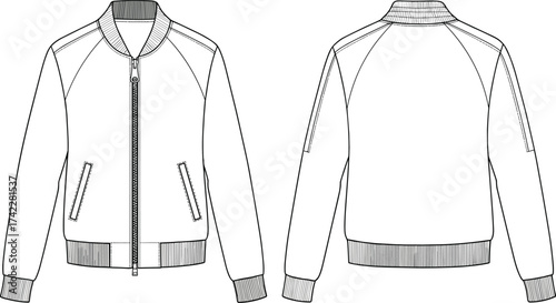 cad drawing flat vector illustration, bomber jacket front back view, fashion technical sketch outerwear template with ribbed collar and cuffs