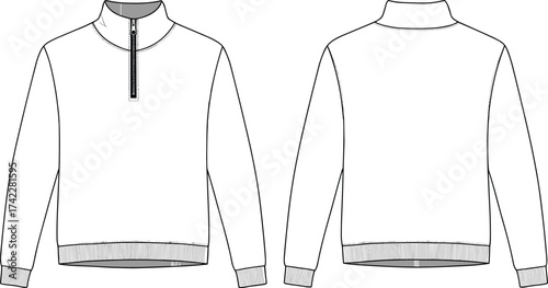 cad drawing flat vector illustration, front and back view half zip sweatshirt with ribbed hem and cuff, fashion technical sketch