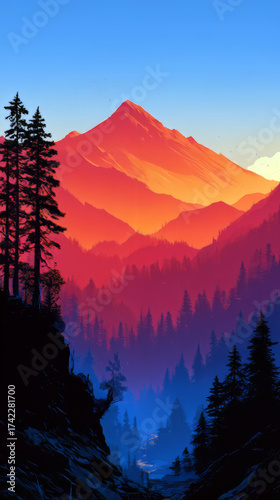 Pixelated Mountain Range Landscape with Vibrant Gradient Sky and Silhouette Trees