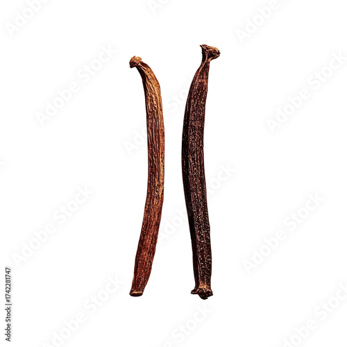 Two dried vanilla beans are displayed against transparency background, showcasing their rich brown color and textured surface. These aromatic pods are commonly used cooking and baking for their