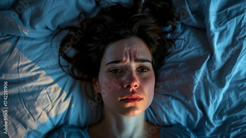 closeup top view of a woman lying awake in bed, with stress and worry, representing insomnia, anxiety, or restless night

