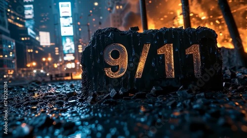 Debris and rubble crushing a 9/11 sign amid urban destruction and fire