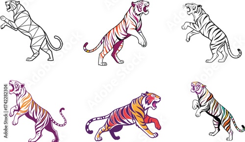 Dynamic tiger illustrations expressing power and agility for wildlife conservation designs and branding projects with bold artistic flair and wild beauty