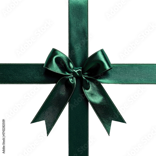 Elegant dark green satin ribbon tied in a beautiful bow for gift wrapping and decoration.