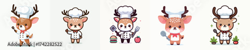 Charming collection of cute deer chef characters in cartoon style. A set of adorable animal mascots with cooking utensils for culinary concepts