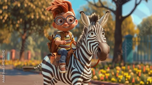 Boy riding zebra across zebra crossing