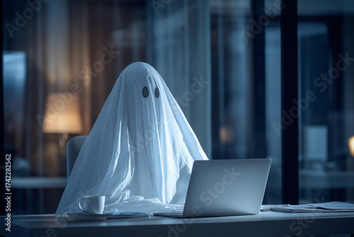 Transparent ghost sitting in a modern office at laptop, working late night on halloween, surreal concept, high quality stock photo, natural light, ultra realistic