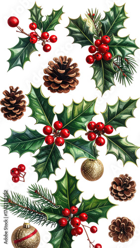 Christmas Holly Berries Pine Cones Ornaments Festive Elements Collection.
