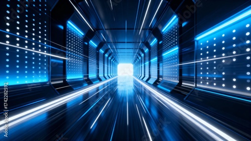 A futuristic corridor illuminated by vibrant blue neon lights, featuring sleek metallic walls and a reflective floor that creates a sense of depth and motion.