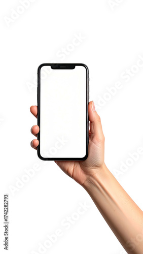 Hand holding a modern smartphone with a blank white screen.