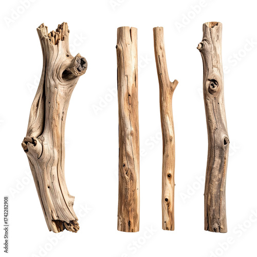 Four weathered pieces of natural driftwood arranged on a white background.