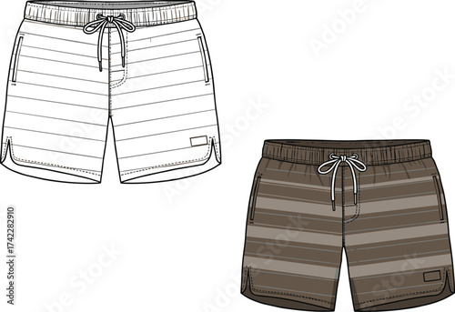 cad drawing flat vector illustration, men’s striped shorts technical sketch, beachwear design, summer fashion template, editable clothing apparel