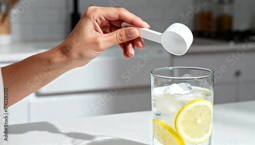 A hand holding a white scoop adds a powder to a glass of water with lemon slices. The scene is bright and clean, emphasizing hydration and wellness.