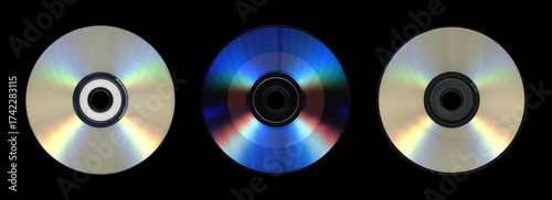 Trio of Compact Discs on Black Background with Rainbow Sheen
