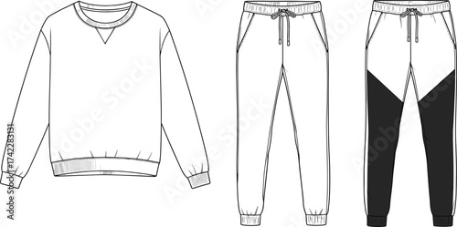 cad drawing flat vector illustration, men’s jogger pants and sweatshirt design, technical fashion sketch, casual sportswear template, editable apparel