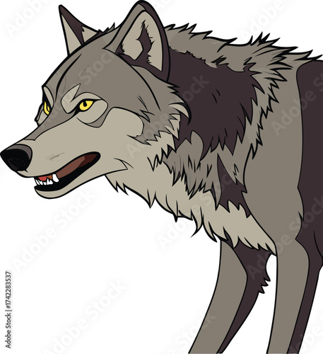Majestic wolf head portrait, a fierce animal with a powerful gaze, ideal for wildlife projects, nature themes, and adventurous designs, originally vector