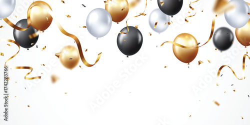 Flying black, gold and silver balloons with golden confetti for invitation cards, celebration banner
