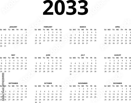 2033 Calendar template. Calendar 2033 - 12 months yearly calendar - planner calendar. Monthly calendar. Vector illustration for print, web, mobile app on transparent background