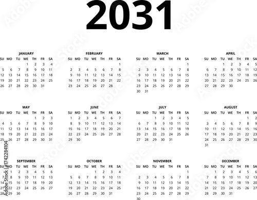 2031 Calendar template. Calendar 2031 - 12 months yearly calendar - planner calendar. Monthly calendar. Vector illustration for print, web, mobile app on transparent background