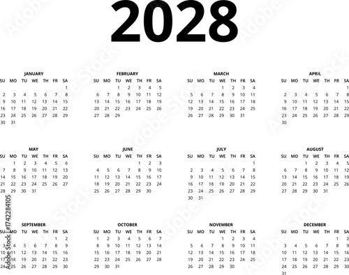 2028 Calendar template. Calendar 2028 - 12 months yearly calendar - planner calendar. Monthly calendar. Vector illustration for print, web, mobile app on transparent background