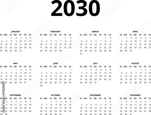 2030 Calendar template. Calendar 2030 - 12 months yearly calendar - planner calendar. Monthly calendar. Vector illustration for print, web, mobile app on transparent background