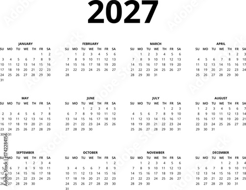 2027 Calendar template. Calendar 2027 - 12 months yearly calendar - planner calendar. Monthly calendar. Vector illustration for print, web, mobile app on transparent background