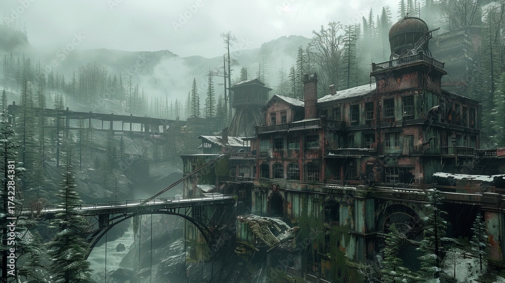 Fototapeta premium Abandoned mining complex in desolate mountain valley
